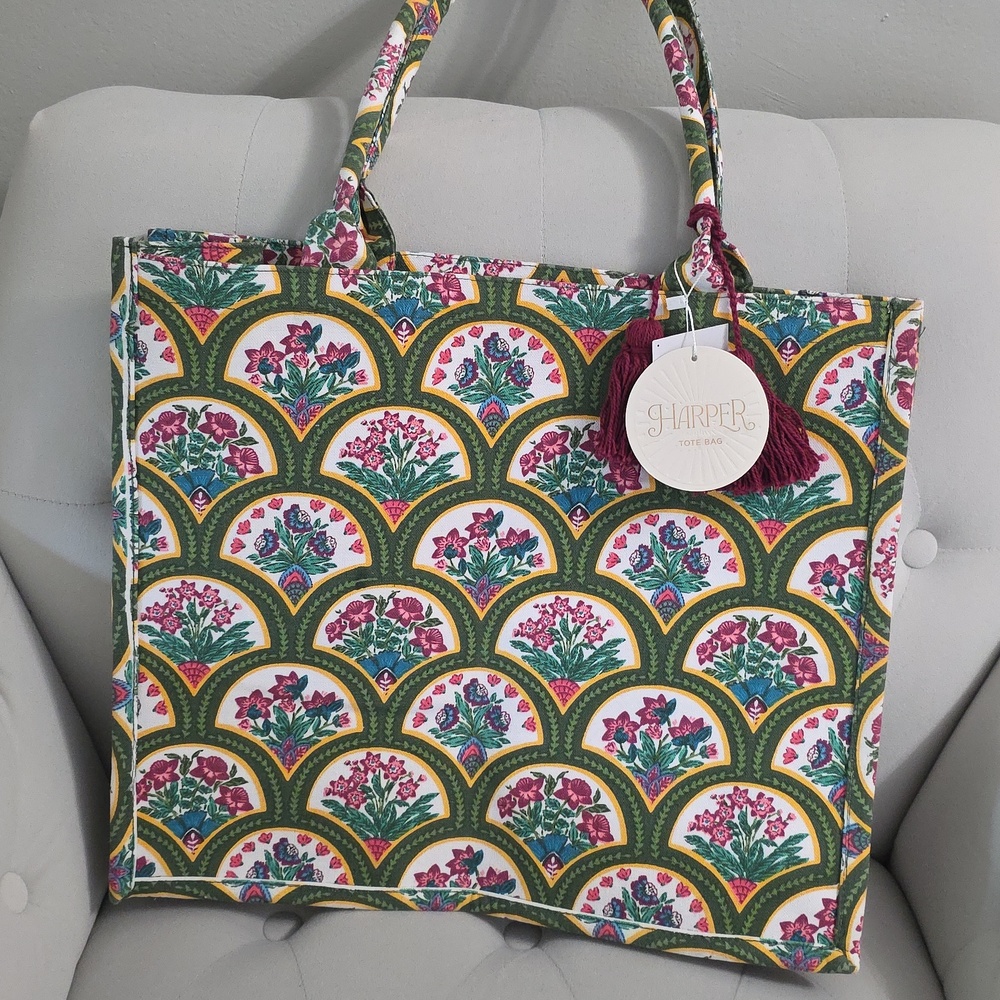 Harper Green and Pink Floral Canvas Tote with Tassel, NWT
